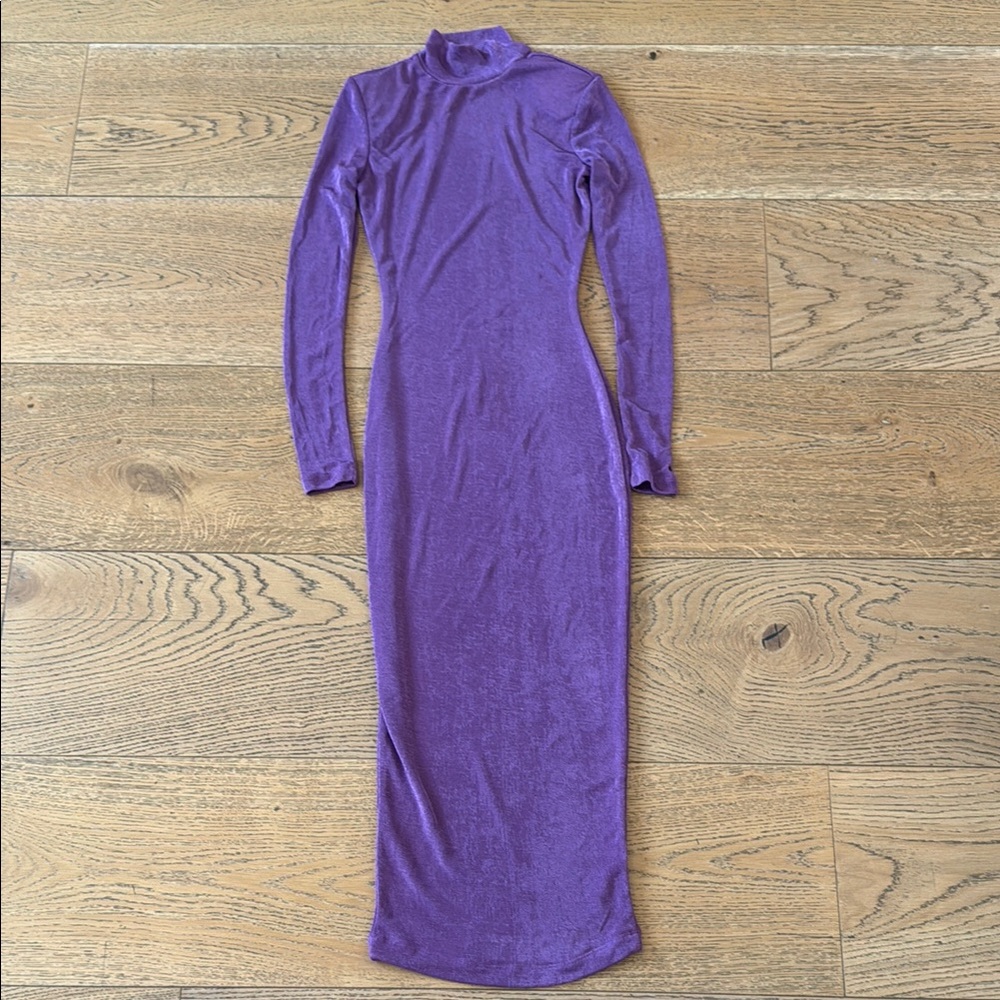 JLUXLABEL Violet Long Sleeve Turtleneck Padded Shoulders Maxi Dress